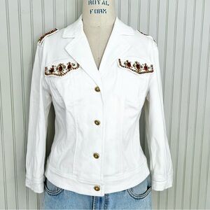 Christine Phillipe White Denim Jacket Embellished with Stones Beads Rhinestones